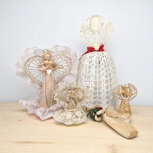 Vintage Fiber Angel Ornaments - Handmade Lace & Straw Christmas Decor